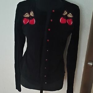 Sourpuss Black Cardigan with Red Cherry Motifs